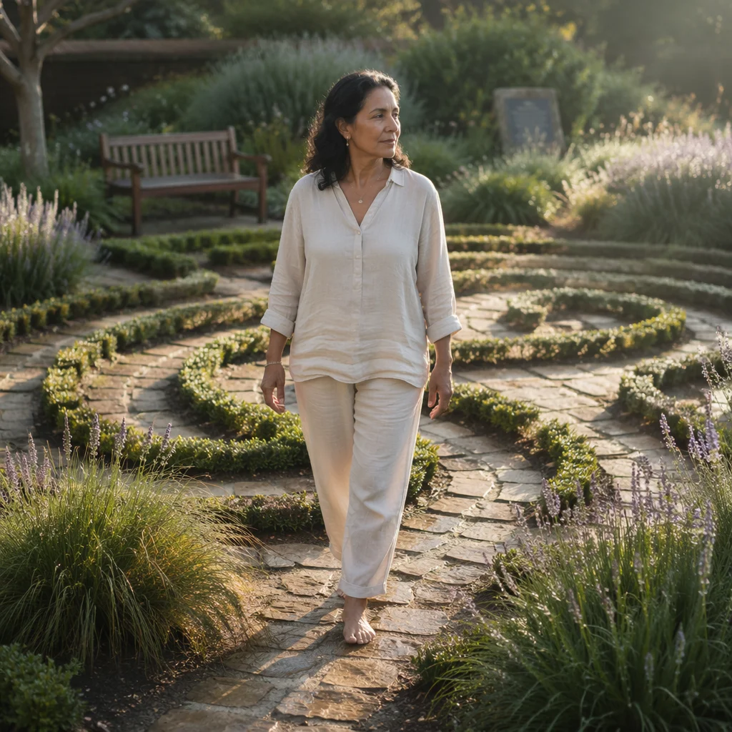 Woman Walking Garden Labyrinth at Sunrise
