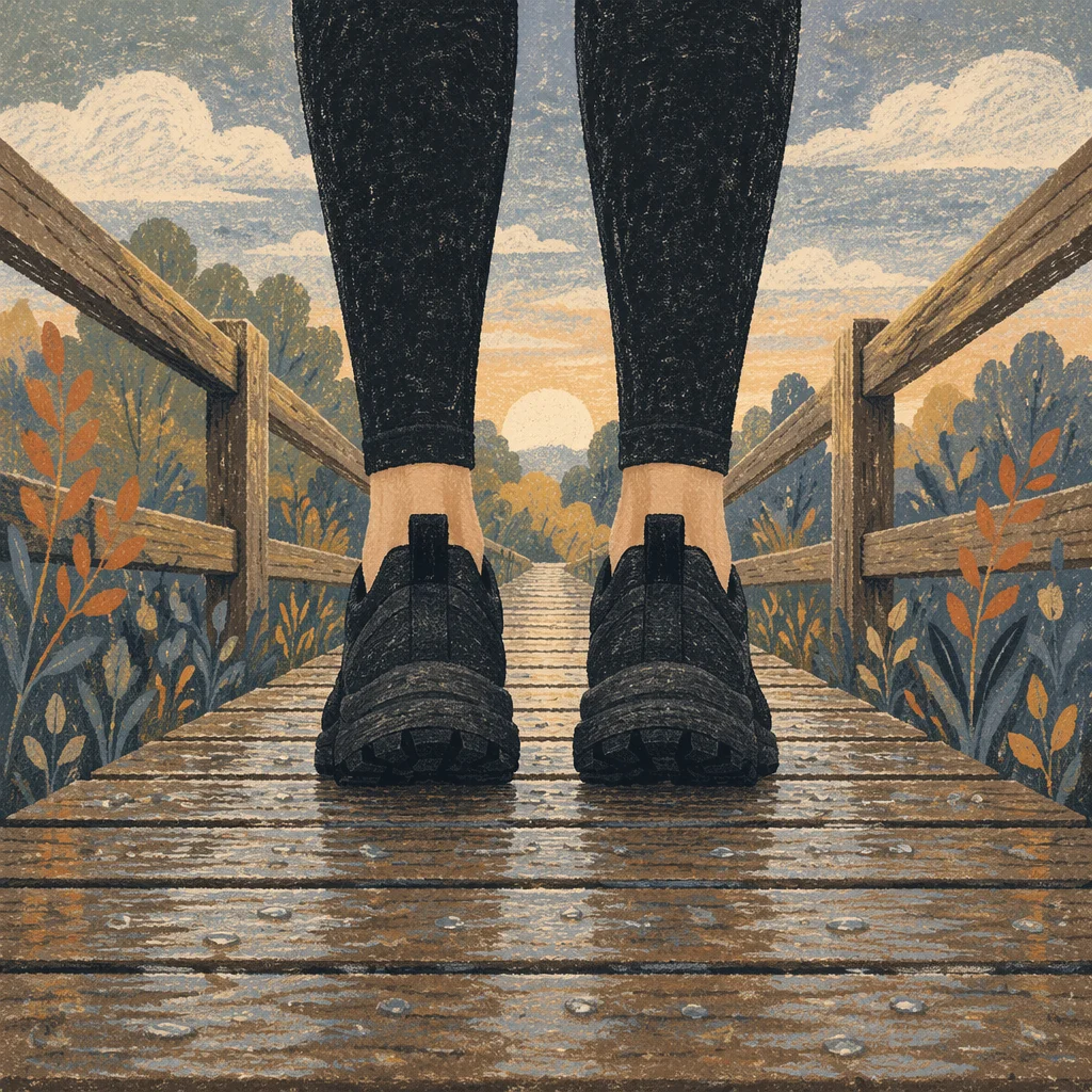 Trail Running Shoes on Dewy Boardwalk
