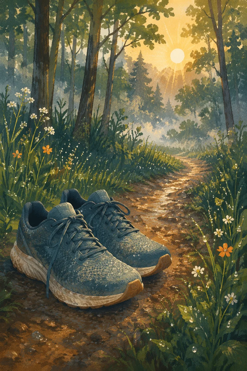 Running Shoes on Dewy Forest Trail