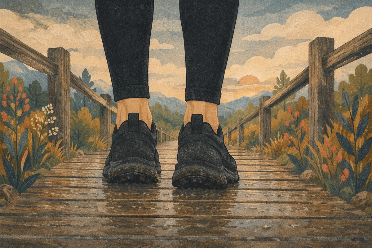 Trail Running Shoes on Dewy Boardwalk