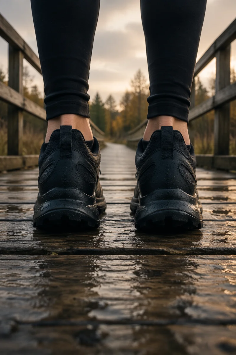 Runner Trail Shoes on Dewy Boardwalk