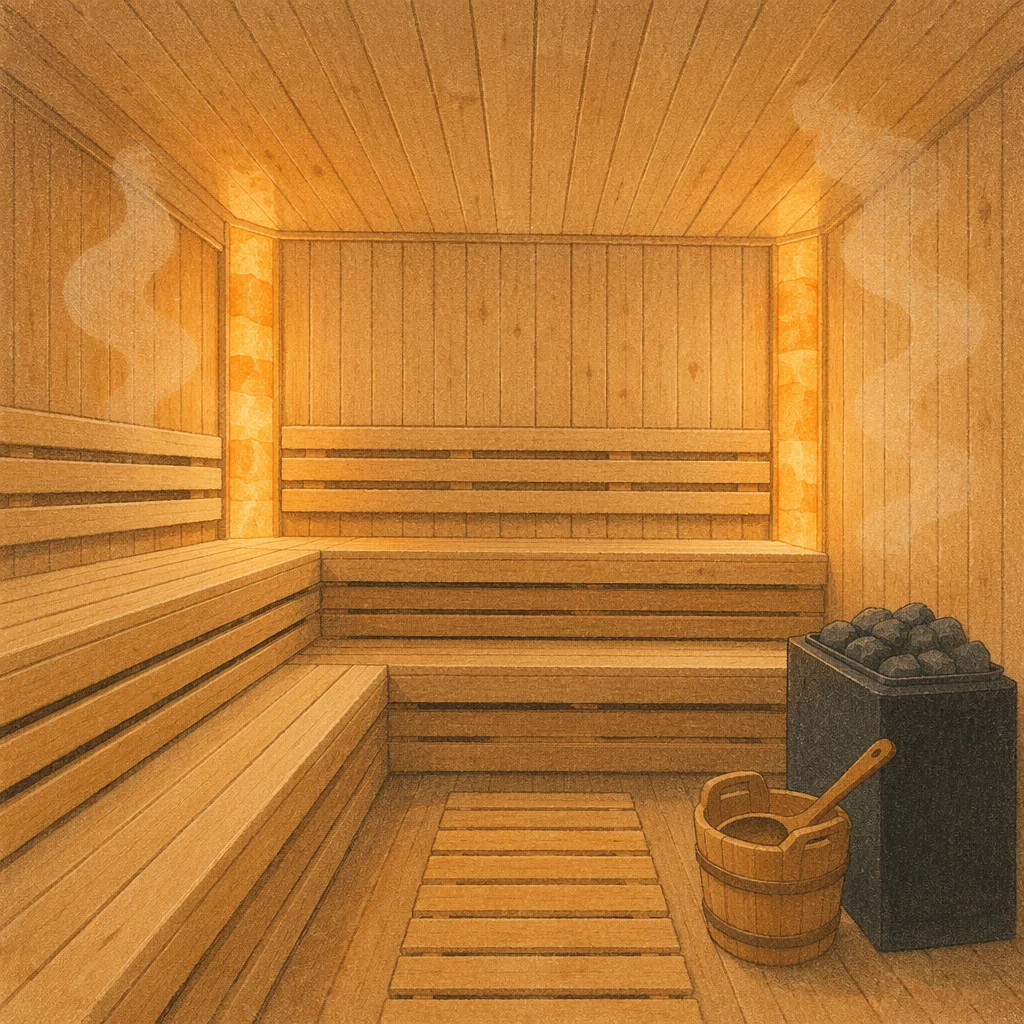 Serene Wooden Sauna Interior With Warm Steam