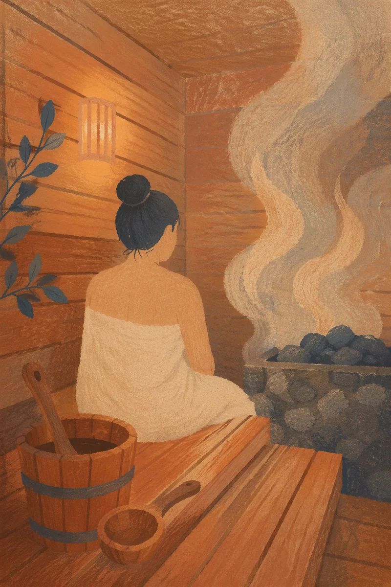 Serene Wooden Sauna Steam Relaxation Scene