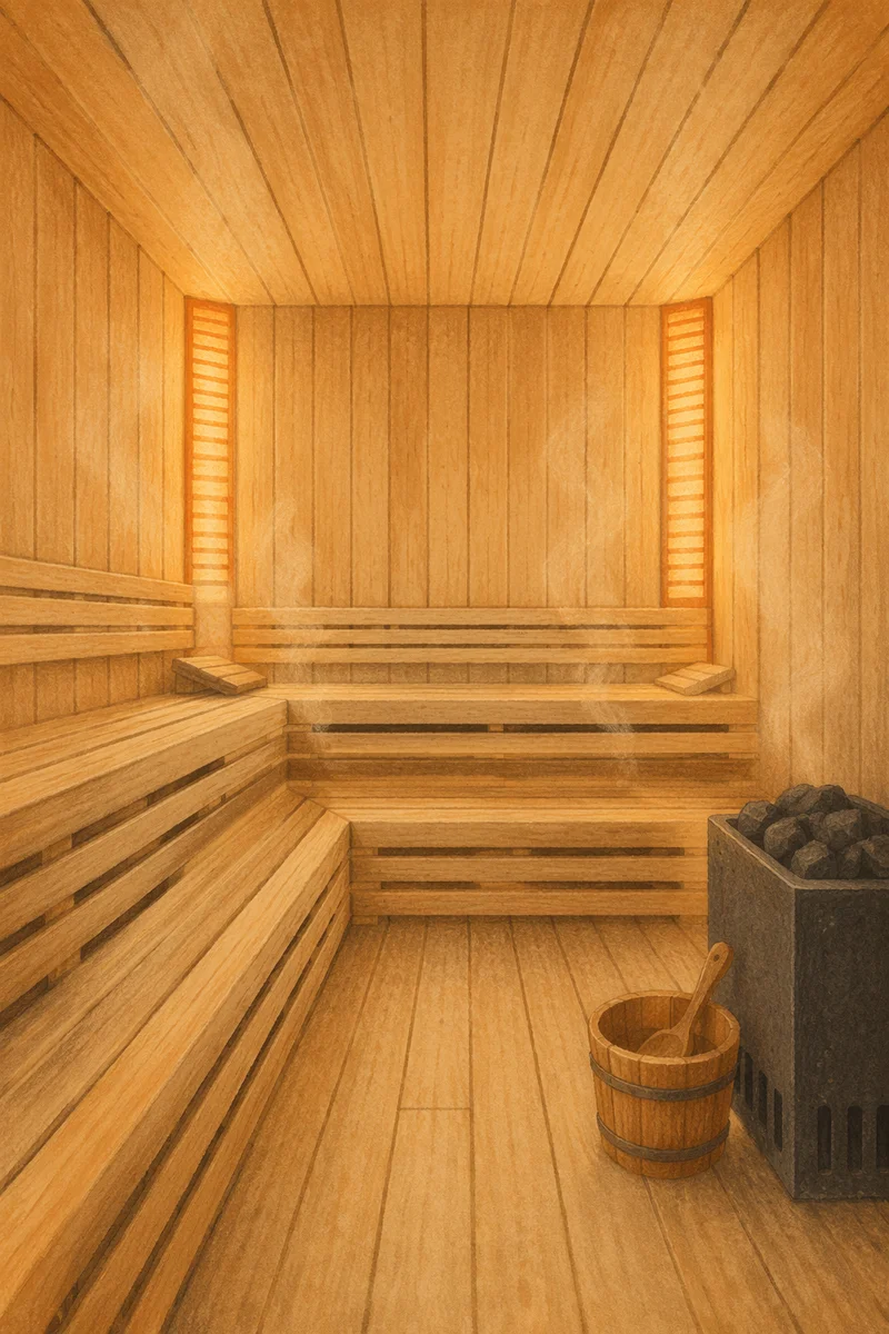 Serene Wooden Sauna Interior With Warm Steam
