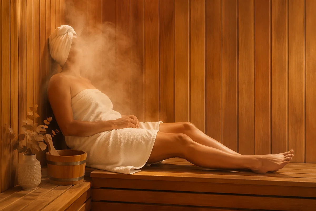 Warm Wooden Sauna Relaxation with Gentle Steam