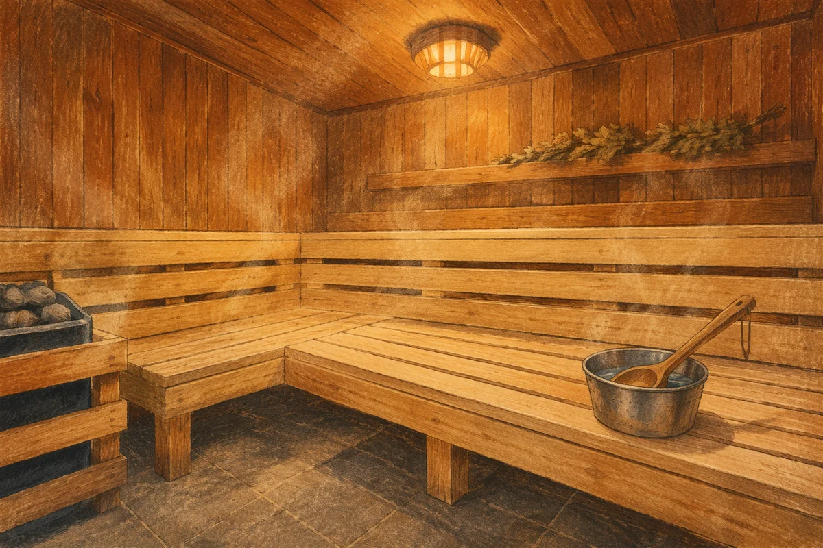 Quiet Wooden Sauna Interior with Soft Steam