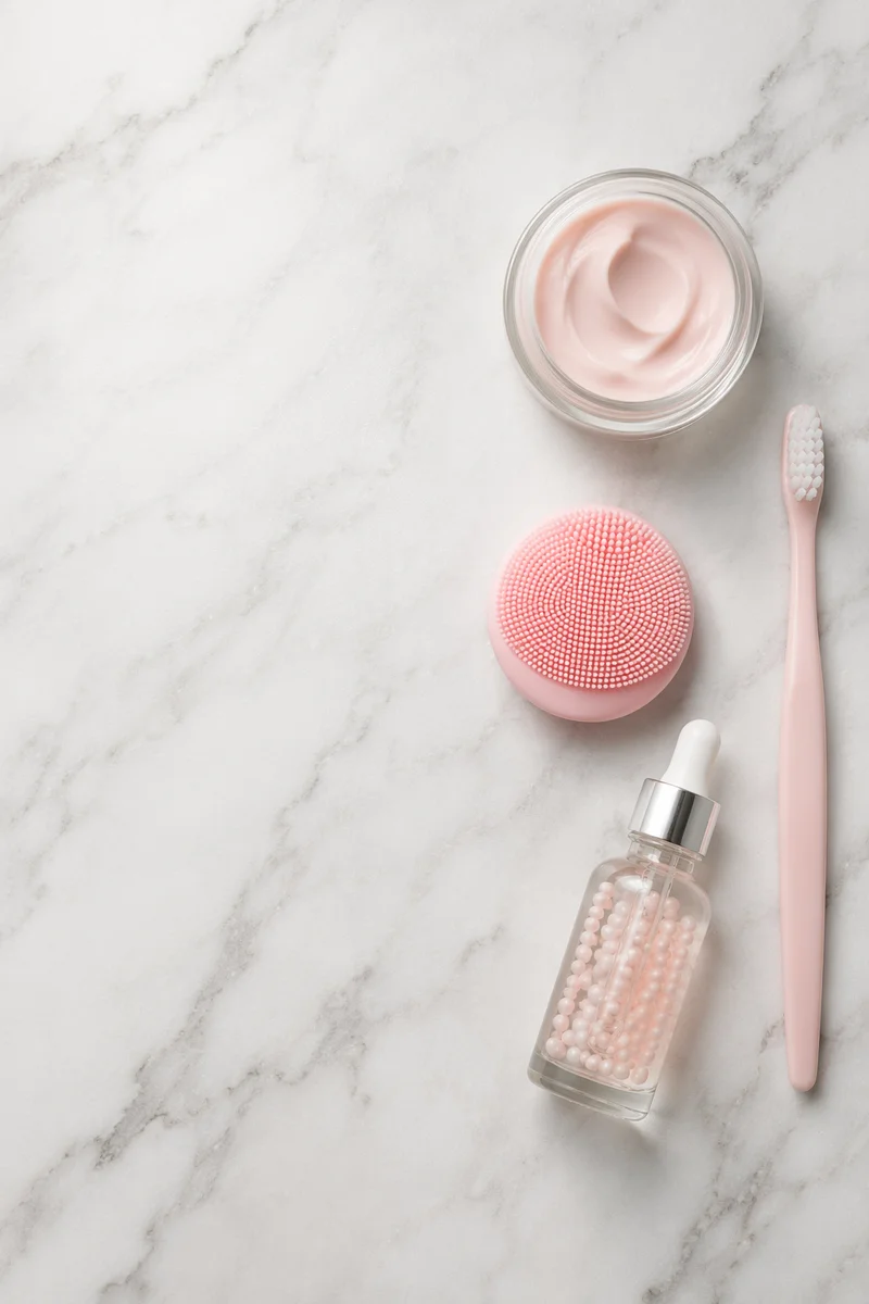 Minimal Blush Skincare Flat Lay on Marble