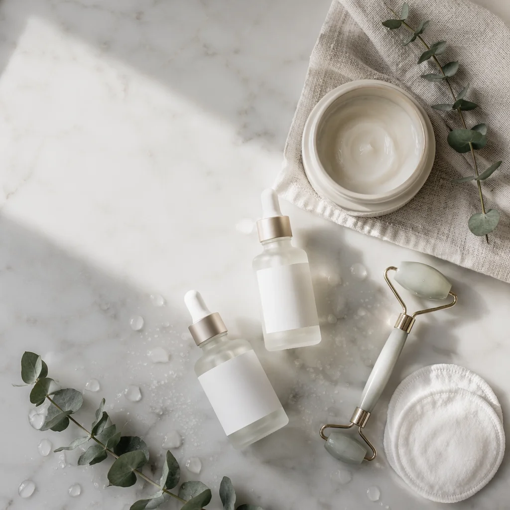 Minimal Skincare Flat Lay on Marble