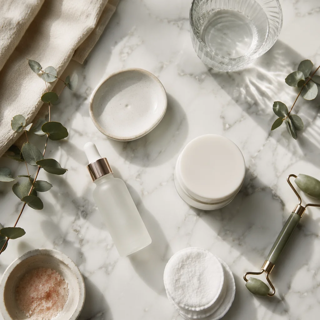 Calm Skincare Flat Lay on Marble