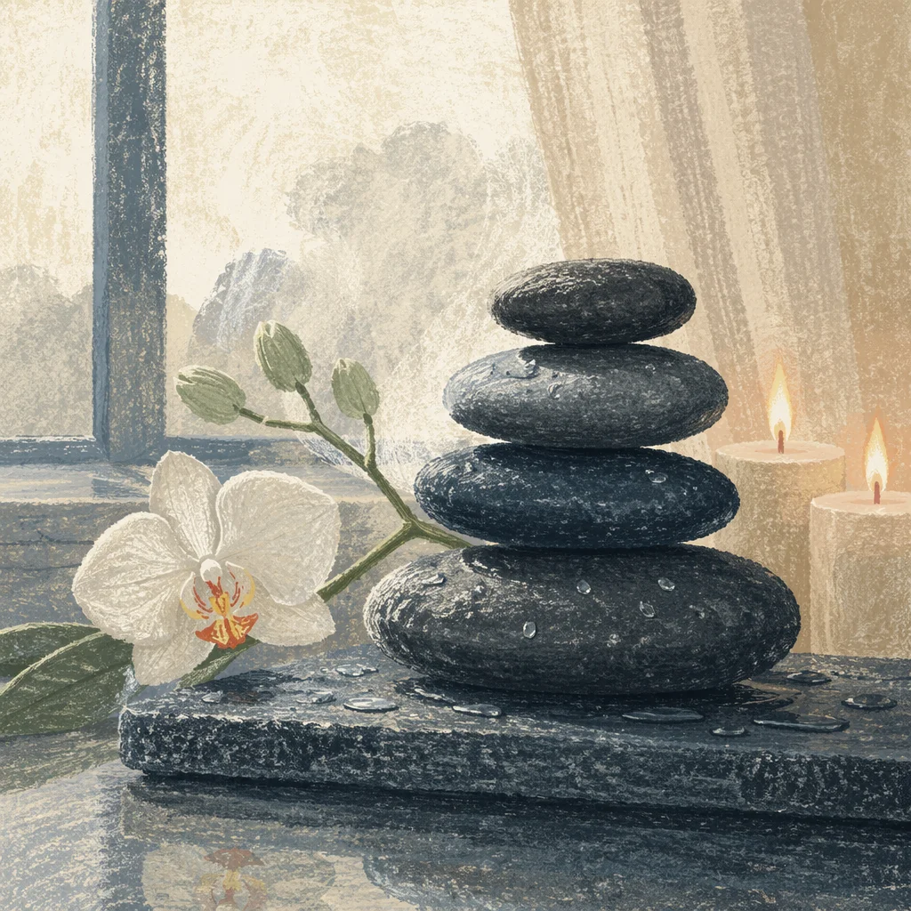 Calm Spa Stones with Orchid and Candles