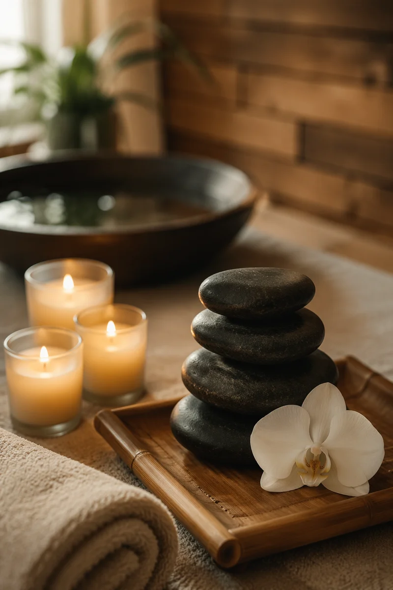 Serene Spa Stones with Orchid Candles