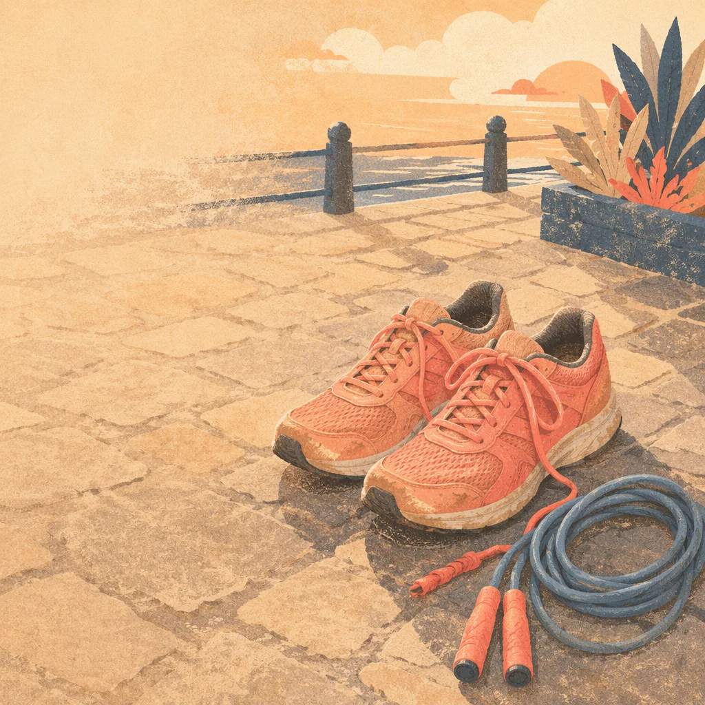 Coral Running Shoes and Jump Rope Flat Lay