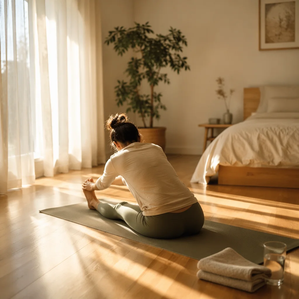Morning Yoga Mat Stretching in Sunlit Bedroom