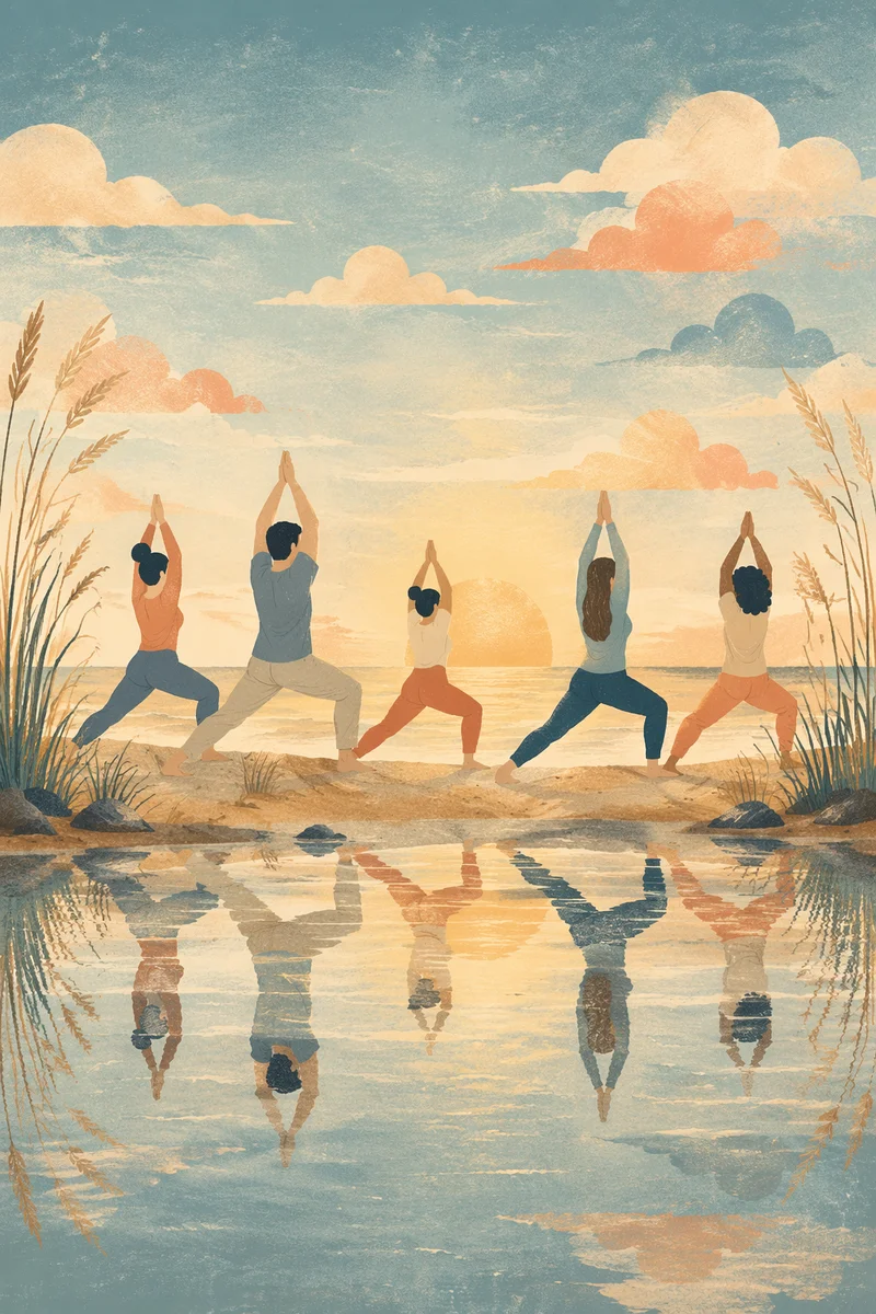 Sunrise Beach Yoga Silhouettes by Tidal Water