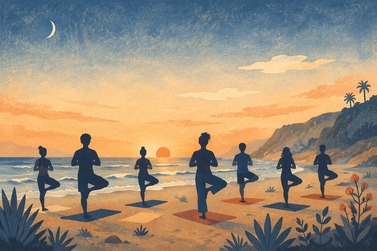 Sunrise Beach Yoga Silhouettes at Dawn