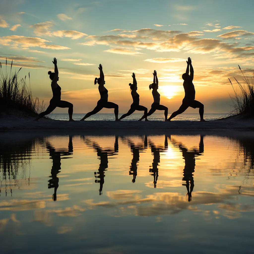 Sunrise Beach Yoga Silhouettes by Reflective Water