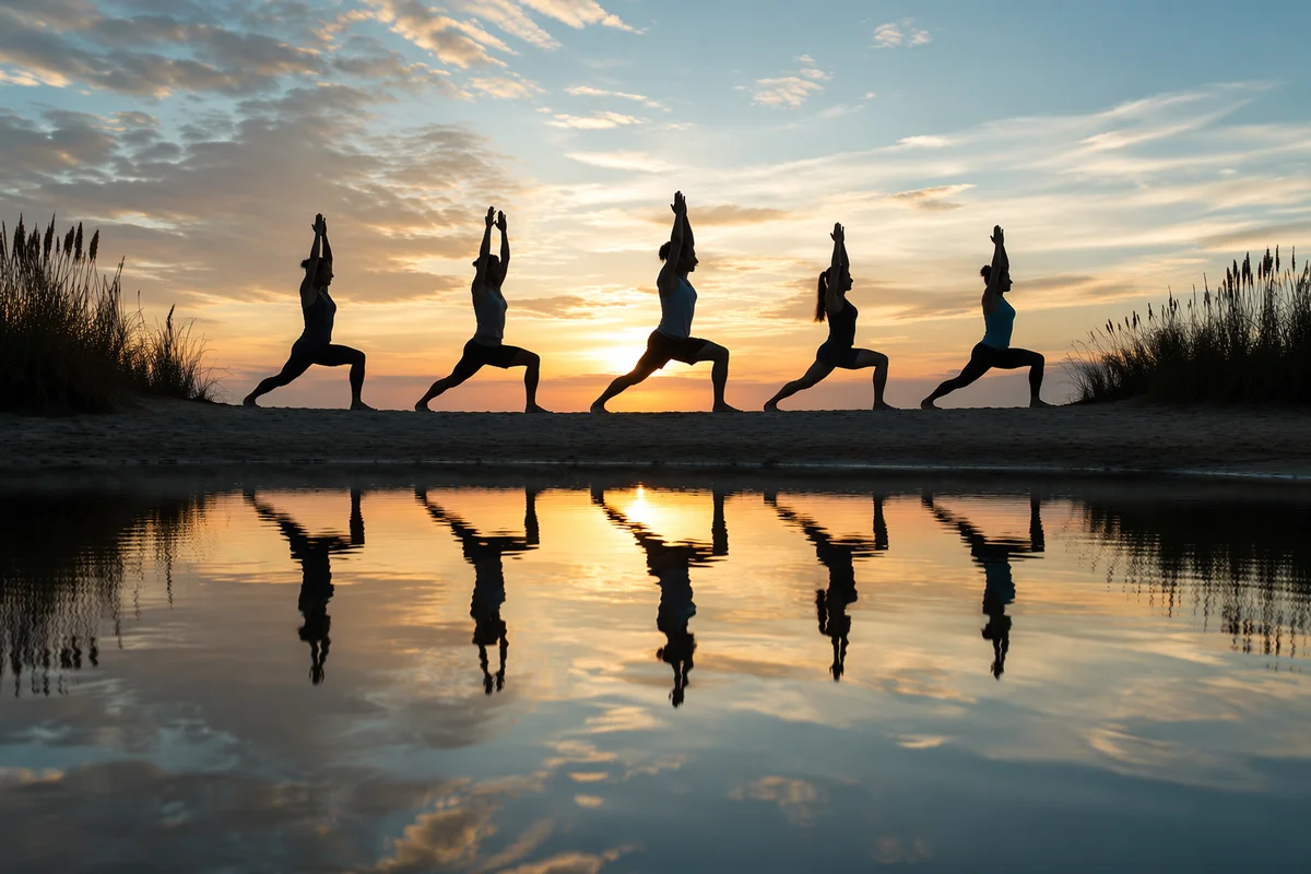 Sunrise Beach Yoga Silhouettes by Reflective Water