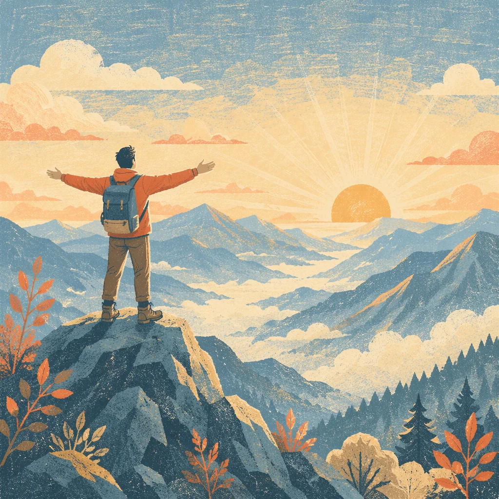 Sunrise Mountain Hiker in Peaceful Victory