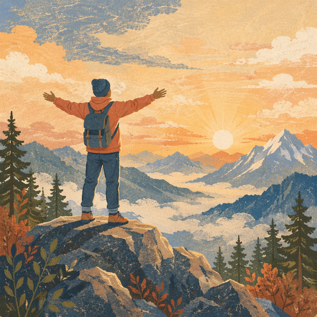 Sunrise Victory Stretch on Mountain Peak