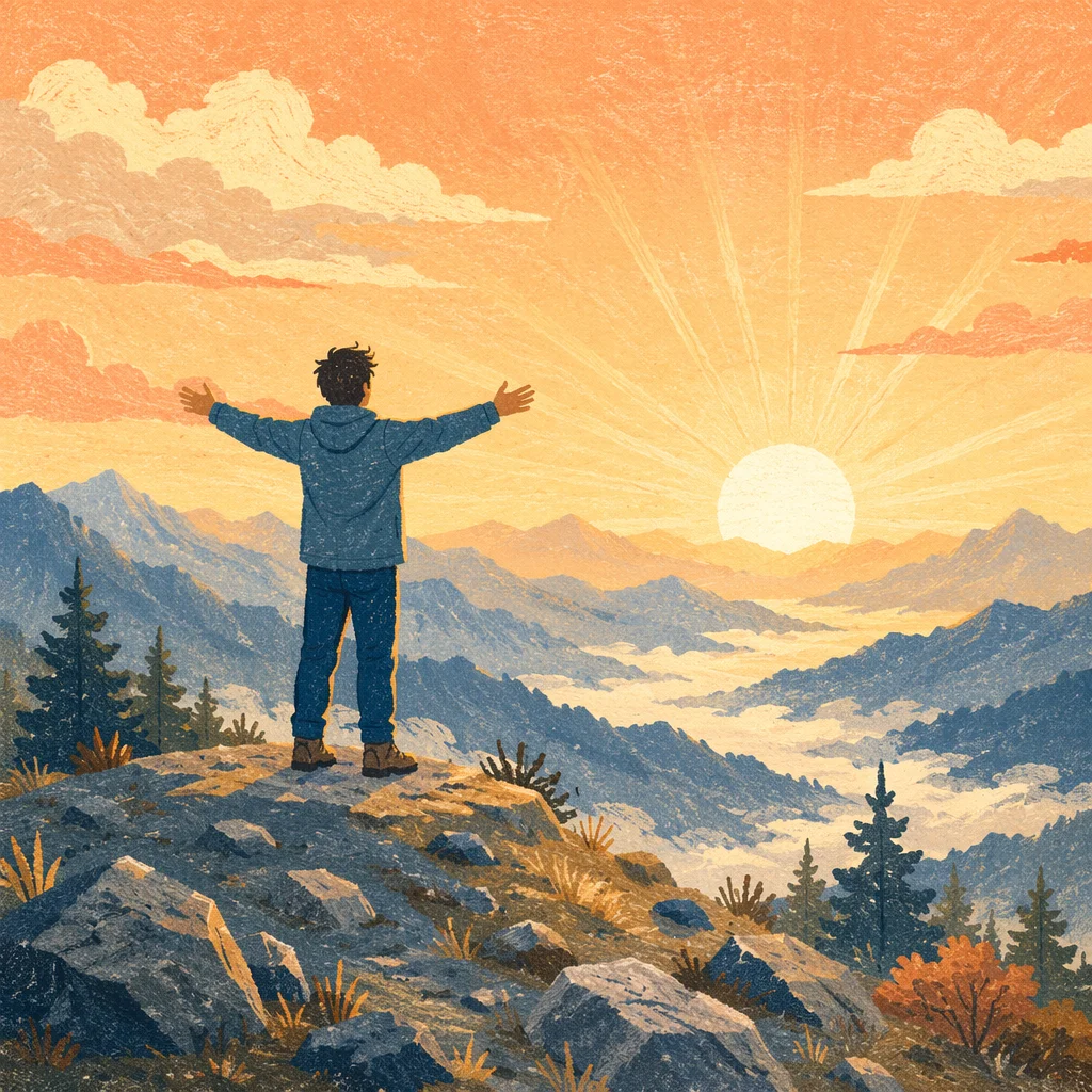 Sunrise Victory Stretch on Mountain Peak