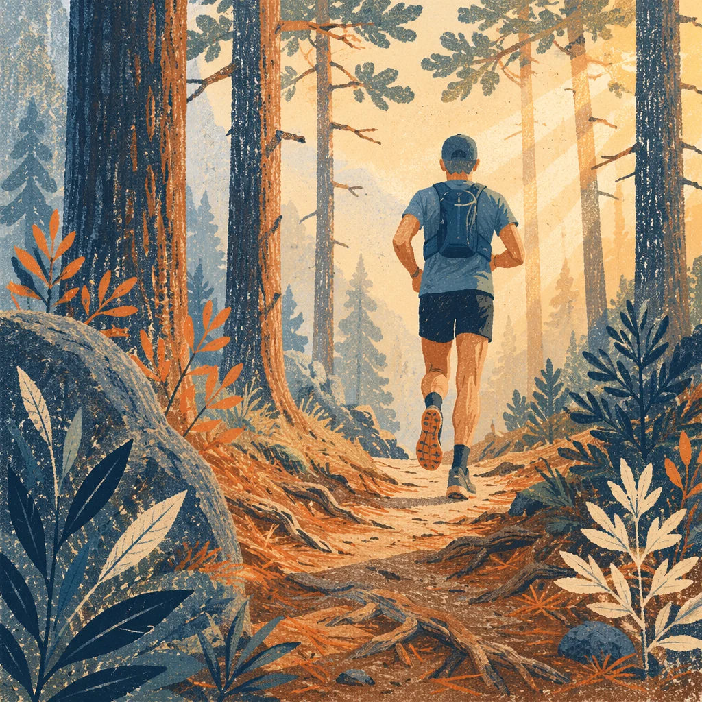 Trail Runner in Sunlit Pine Forest