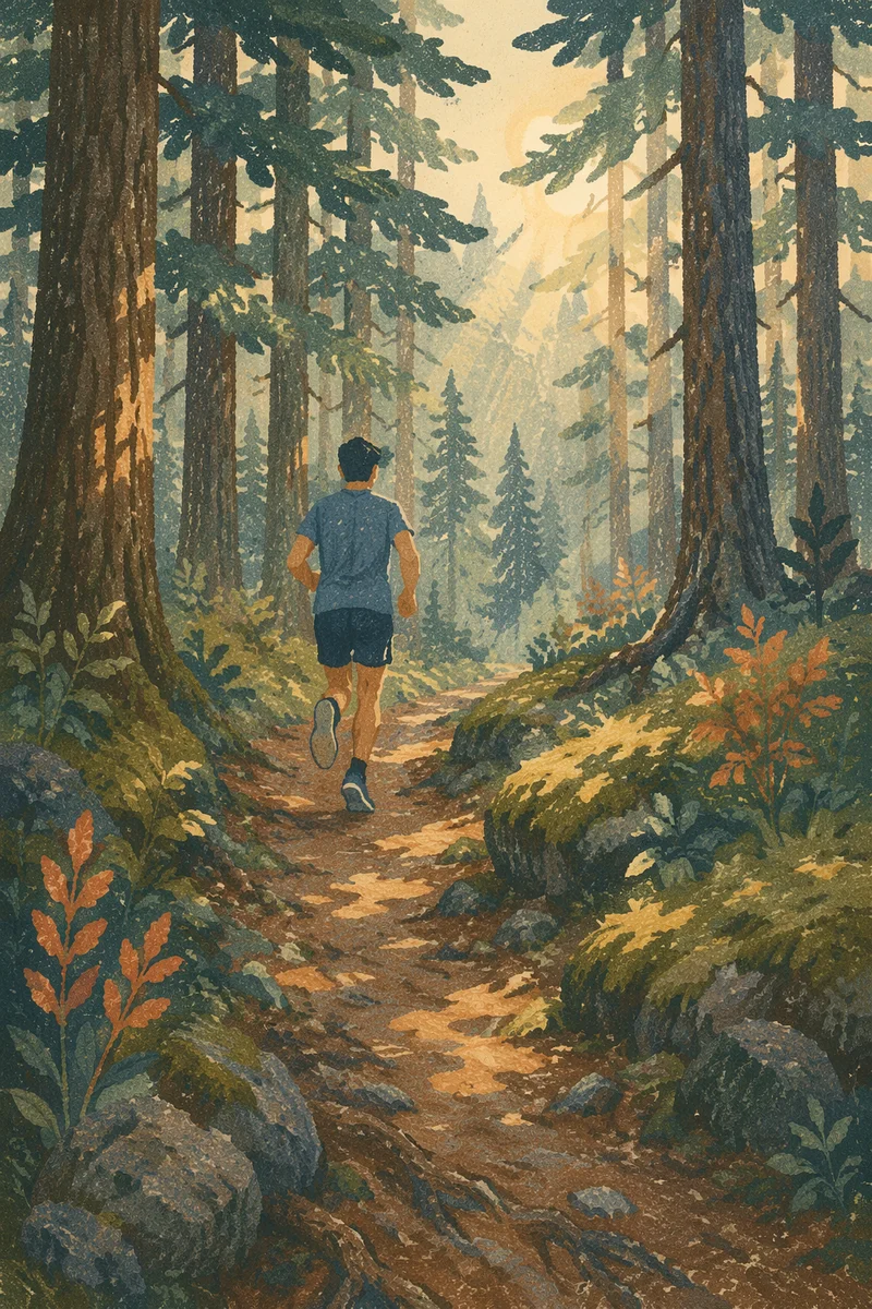 Trail Runner in Sunlit Pine Forest