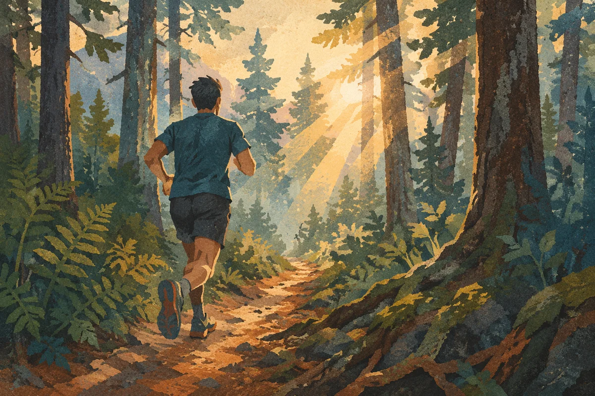 Lone Trail Runner in Forest Sunlight