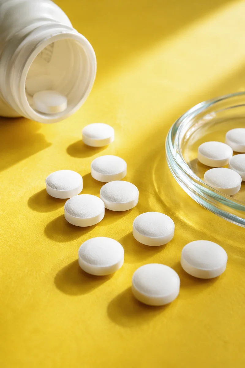 White Vitamins on Bright Yellow Tabletop
