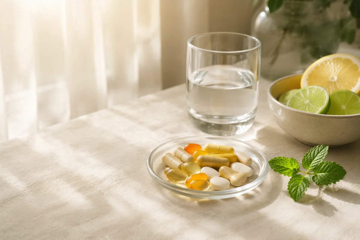Vitamin Supplements in Glass Dish Still Life