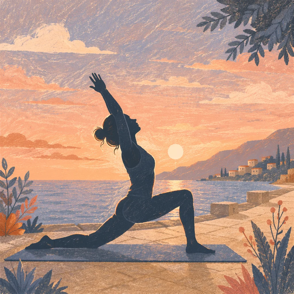 Peaceful Sunrise Yoga Silhouette by Waterfront