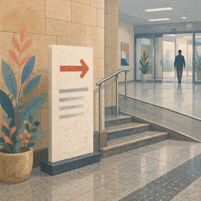 Red Right Arrow Direction Sign in Corridor
