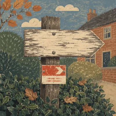 Red Arrow Direction Sign in Quiet Garden