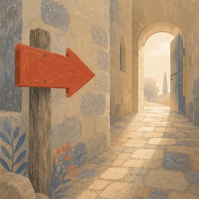Red Arrow Sign in Quiet Stone Corridor