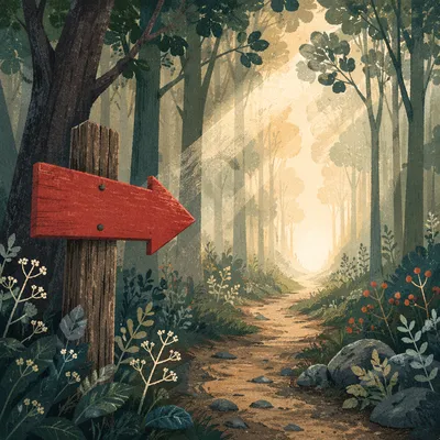 Red Arrow Sign on Misty Woodland Path