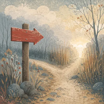 Red Arrow Sign at Misty Path