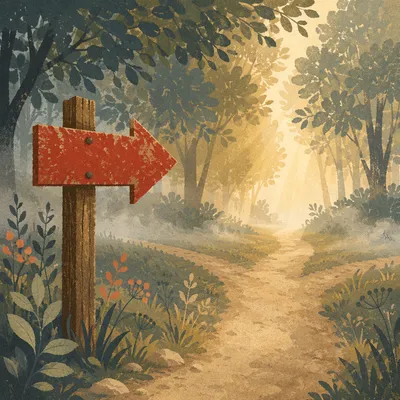 Red Arrow Sign Toward Misty Forest Path