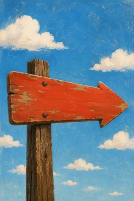 Red Wooden Arrow Sign Against Blue Sky
