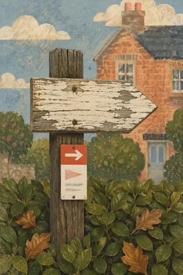 Weathered Arrow Sign on Garden Path