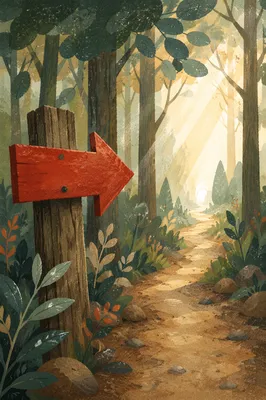 Red Arrow Sign on Misty Woodland Path