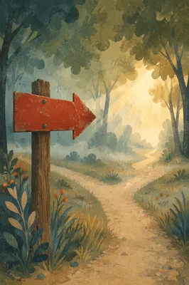 Red Arrow Sign Toward Misty Forest Path