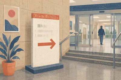 Red Arrow Direction Sign in Corridor