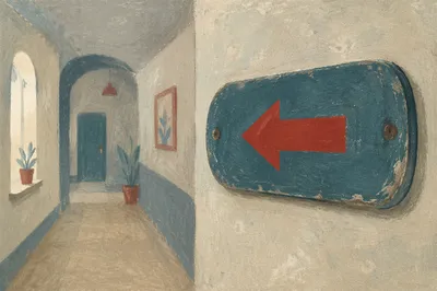 Red Arrow Sign in Quiet Corridor