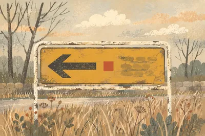 Weathered Yellow Arrow Sign with Red Marker