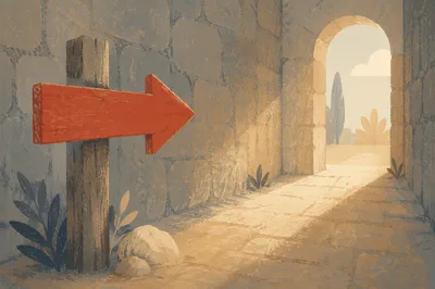 Red Arrow Sign in Quiet Stone Corridor