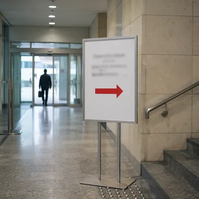 Red Arrow Direction Sign in Modern Corridor