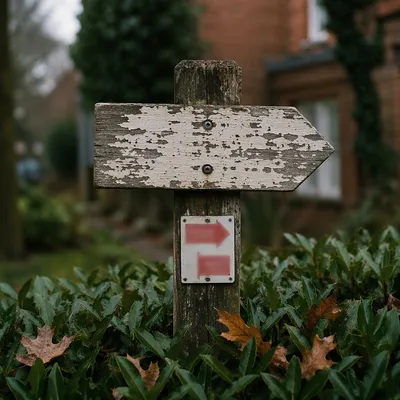 Weathered Arrow Sign on Quiet Garden Path