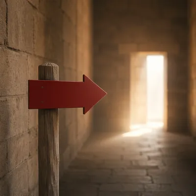 Red Arrow Sign in Stone Corridor
