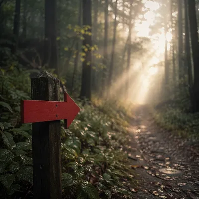 Red Arrow Sign on Misty Woodland Path