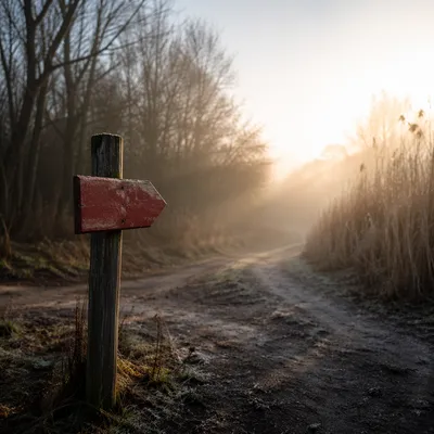 Red Arrow Sign on Misty Country Path
