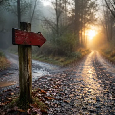 Red Arrow Sign Toward Morning Light